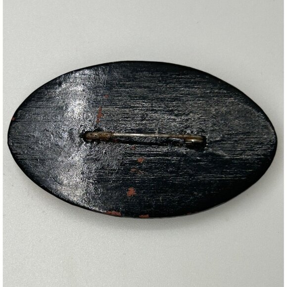 Hand-Painted Vintage Oval Floral Brooch Red Yellow Flower Design Black Lacquered - Picture 5 of 11